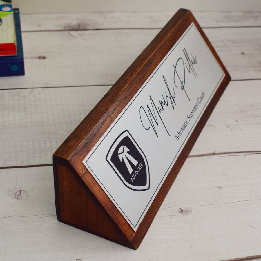 Aesthetic Teak Wood Desk Name Plate (Silver) - Corporate Office Nameplates