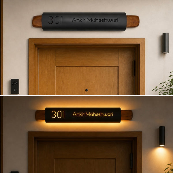Modern cylindrical LED house nameplate with mild steel body and wood ends