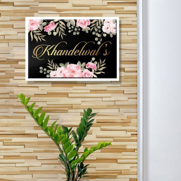 Khandelwals family metal printed name plate on white cast acrylic base
