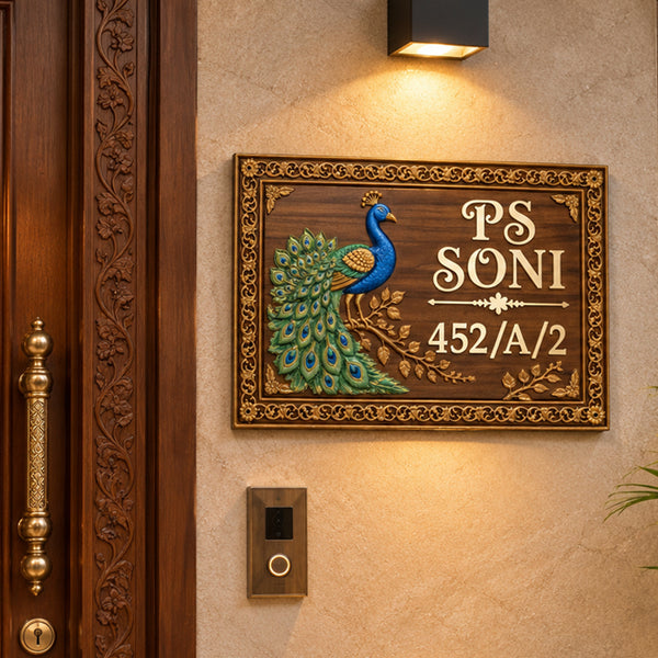 Traditional Teak Wood Handcarved Nameplate with Brass Letters