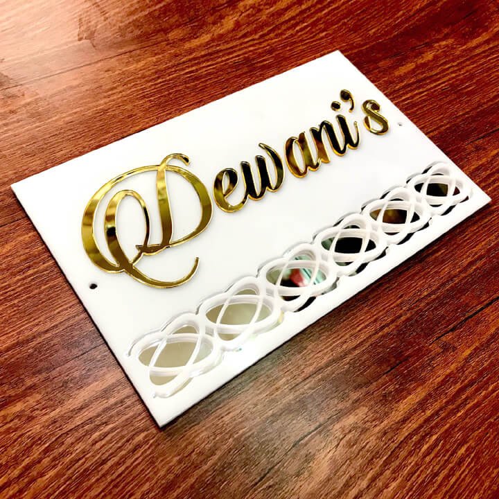White acrylic mirror designer name plate for home, 6 x 10 inch