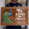Traditional Teak Wood Handcarved Nameplate with Brass Letters