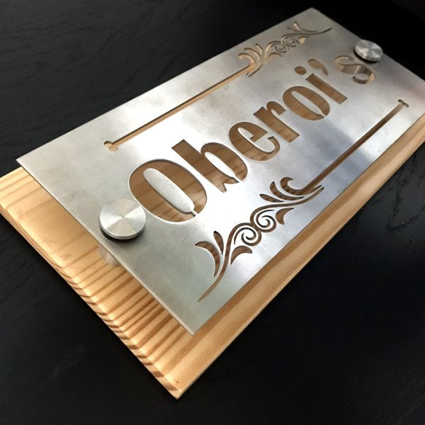 Classic Pinewood & SS name Plate - Customized Nameplates for Home Online