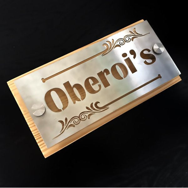 Classic Pinewood & SS name Plate - Customized Nameplates for Home Online