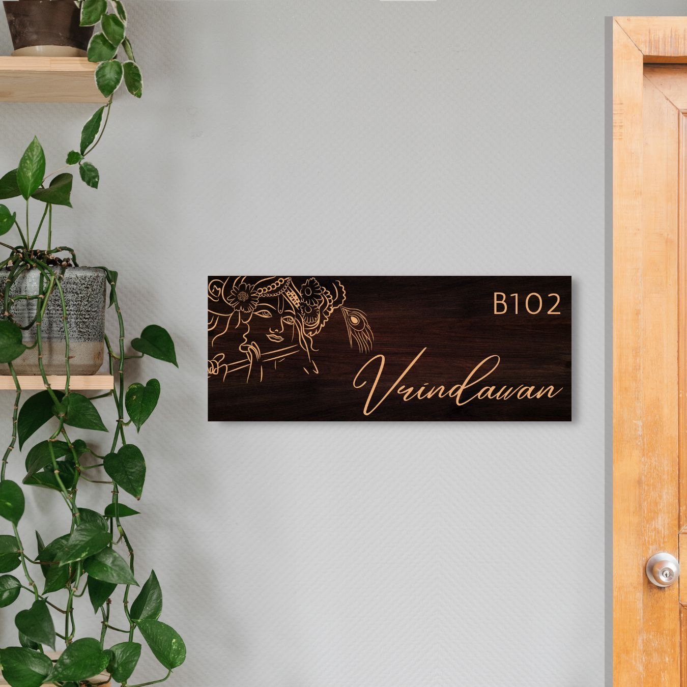 Vrindavan Dark Brown Wooden Engraved Name Plate - Customized Nameplates for Home Online