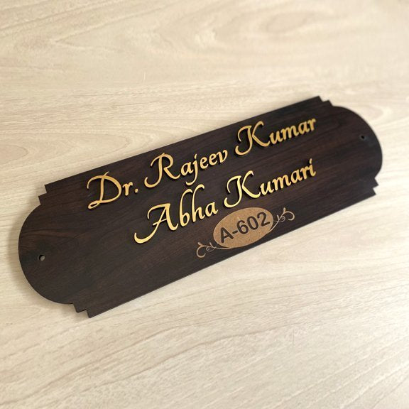 Rounded wooden name plate for home in brown-black textured finish