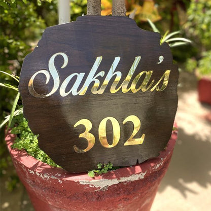 Teak Wood with Inner Embossed Brass - Customized Nameplates for Home Online