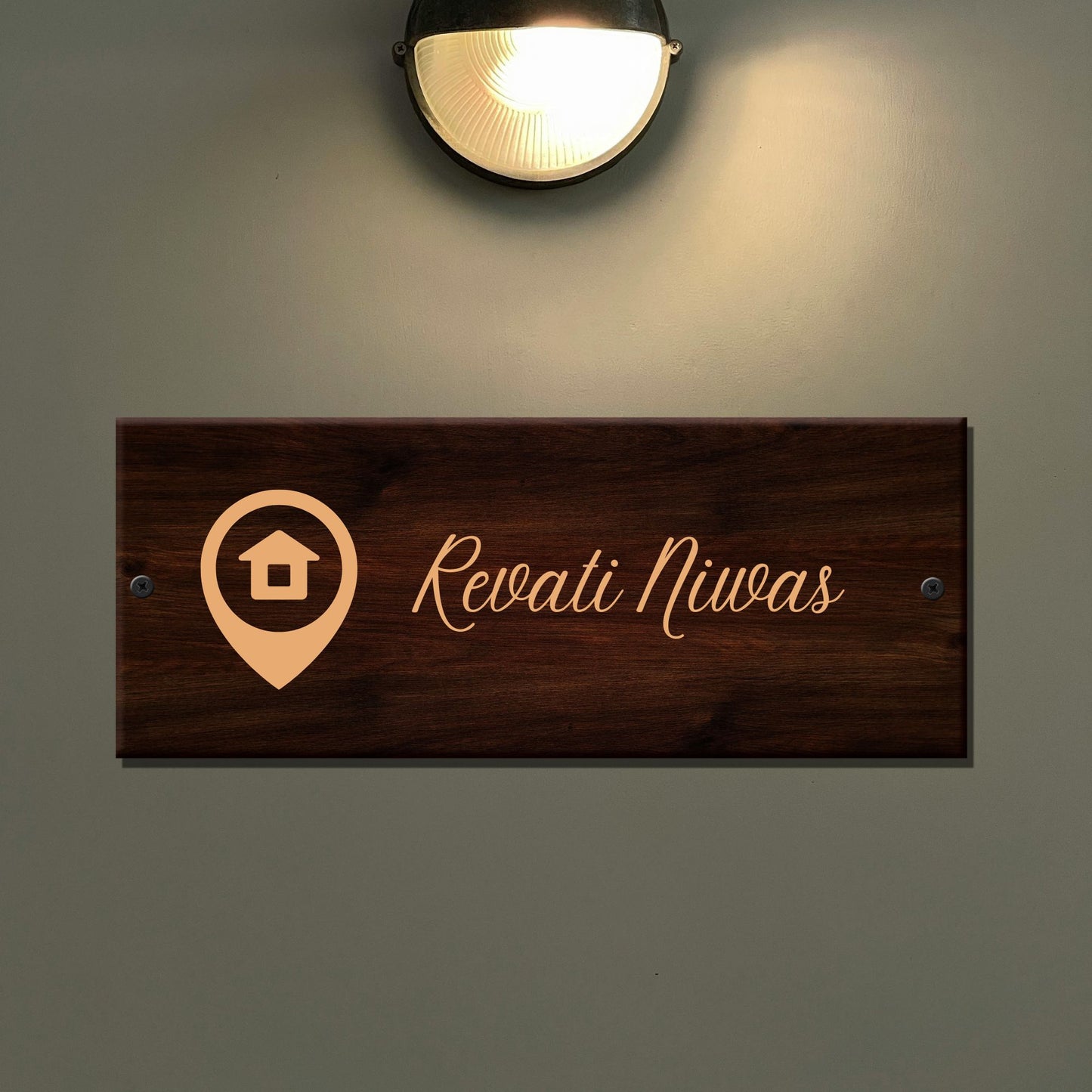 Revati Niwas Dark Brown Wooden Engraved Name Plate - Customized Nameplates for Home Online