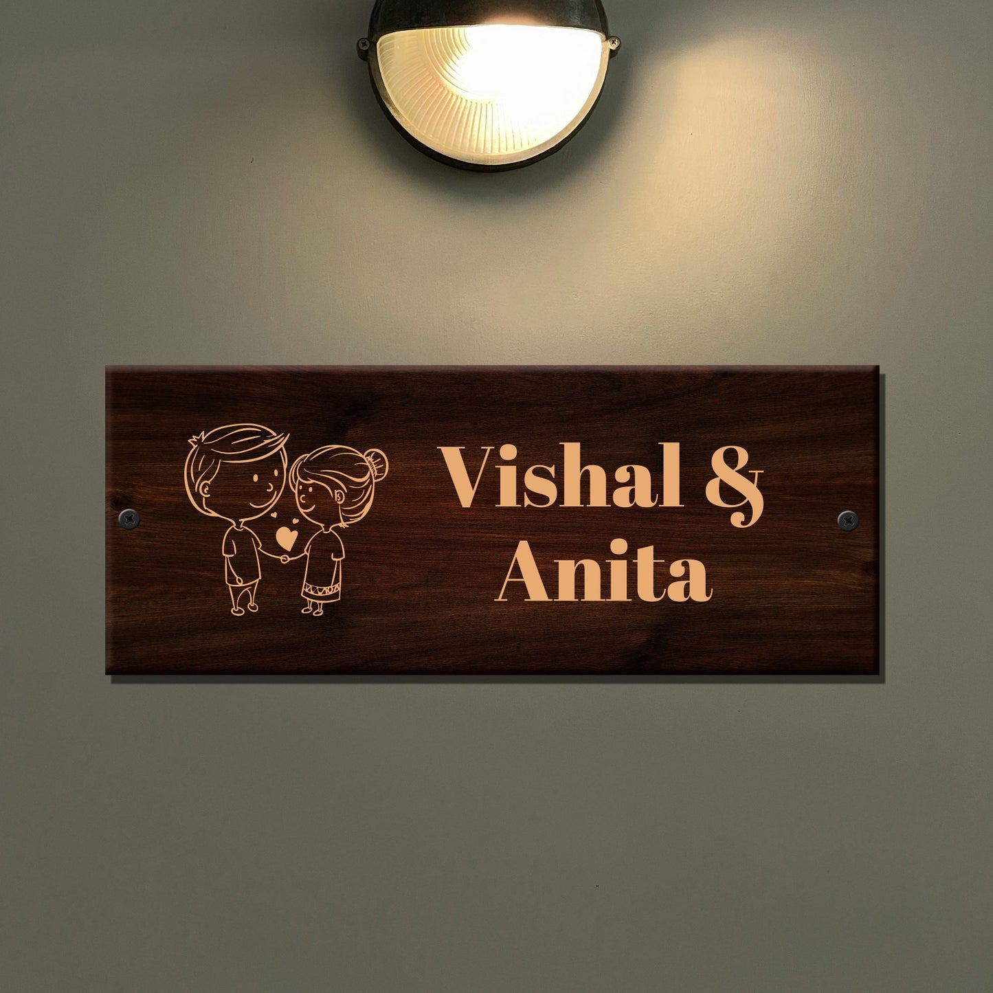 Couple Dark Brown Wooden Engraved Name Plate - Customized Nameplates for Home Online