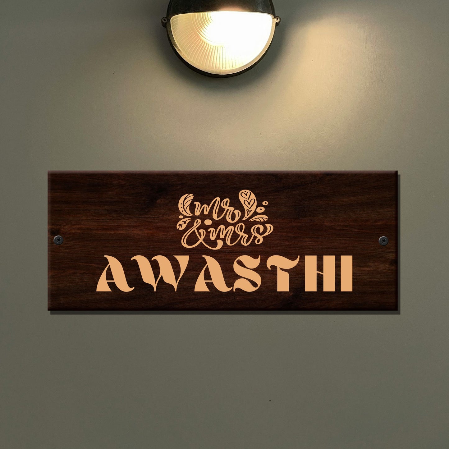 Mr & Mrs Dark Brown Wooden Engraved Name Plate - Customized Nameplates for Home Online