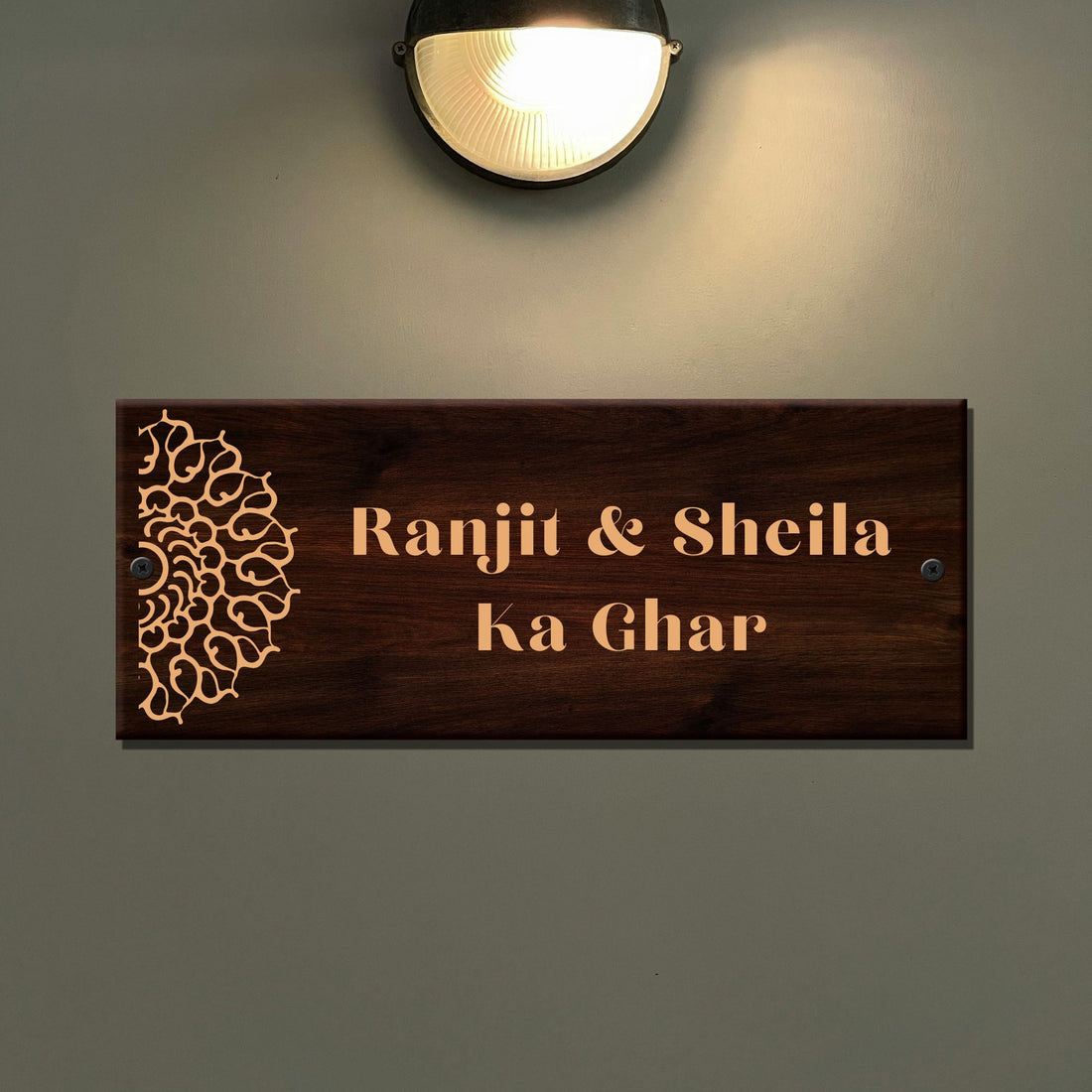 Mandella Dark Brown Wooden Engraved Name Plate - Customized Nameplates for Home Online