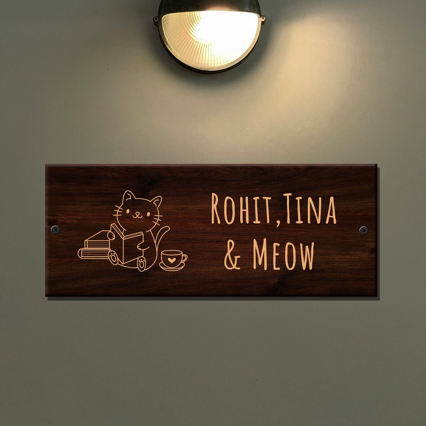 Kitty Dark Brown Wooden Engraved Name Plate - Customized Nameplates for Home Online