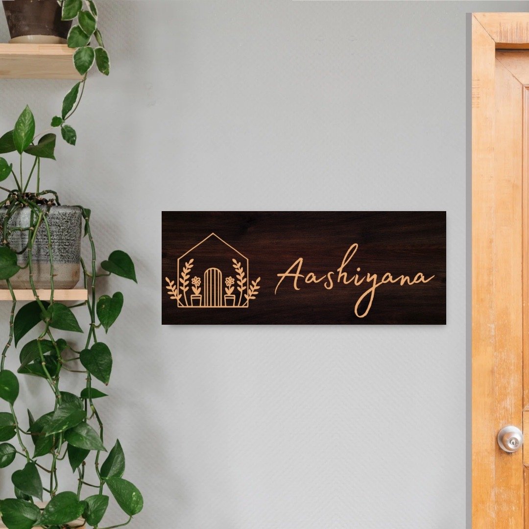 Aashiyana Dark Brown Wooden Engraved Name Plate - Customized Nameplates for Home Online