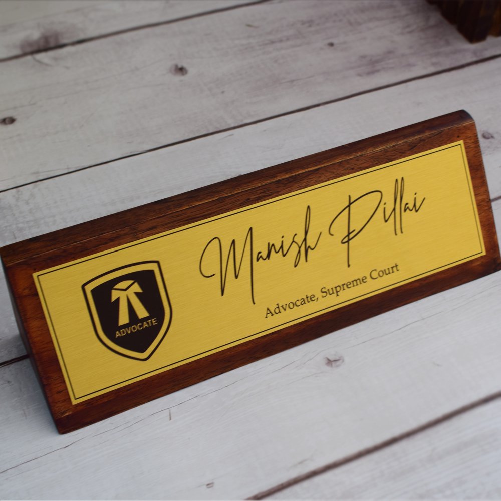 Aesthetic Teak Wood Desk Name Plate (Gold) - Corporate Office Nameplates