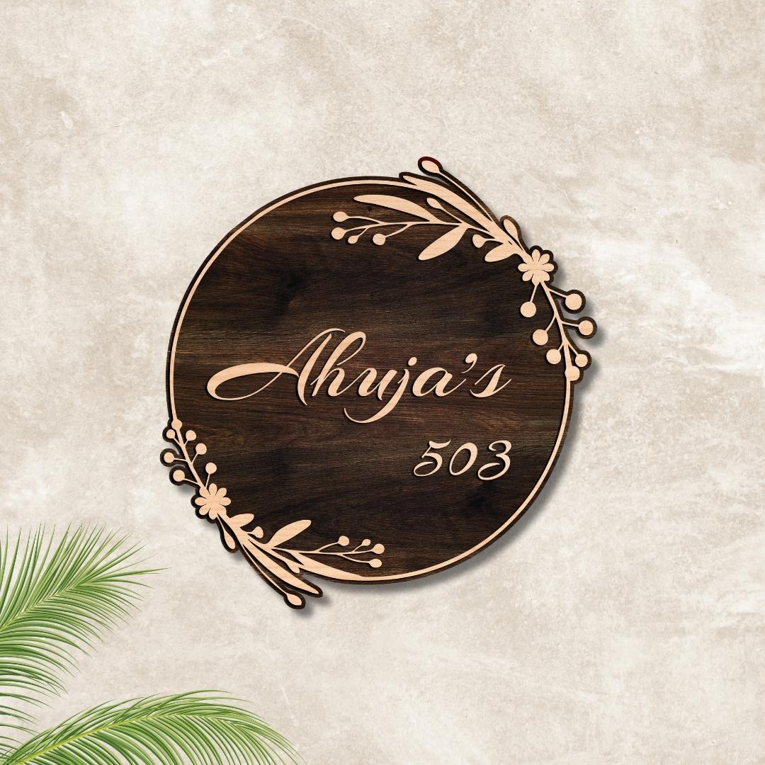 Round oval wooden name plate for house door in brown imported MDF finish