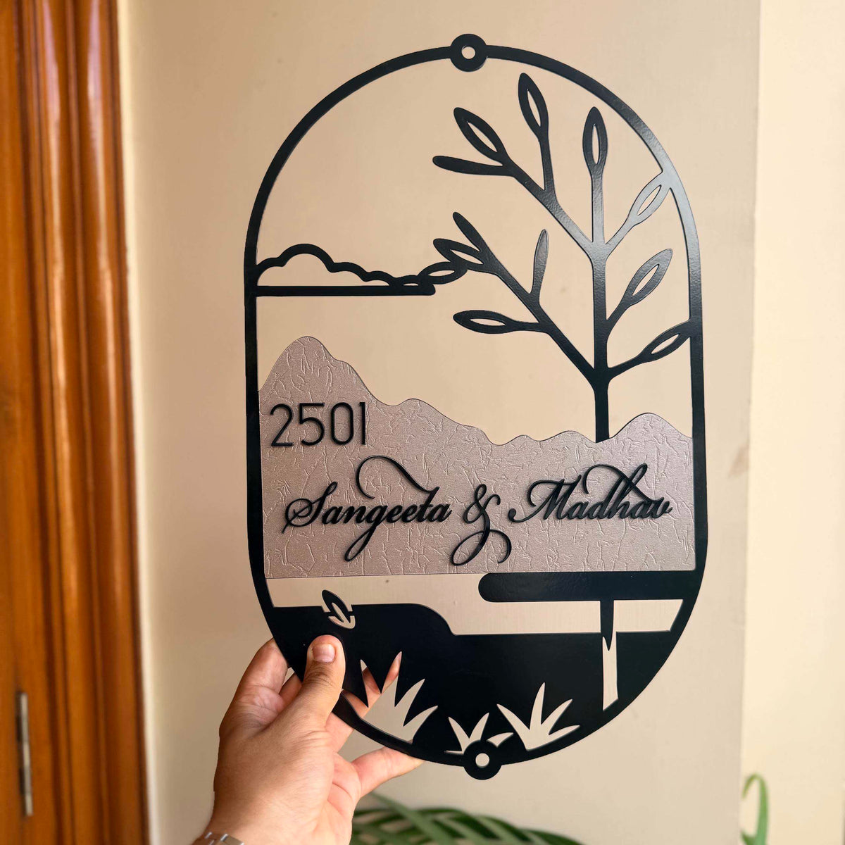 NatureScape black metal custom house nameplate, 18x12 inch powder-coated mild steel with acrylic letters
