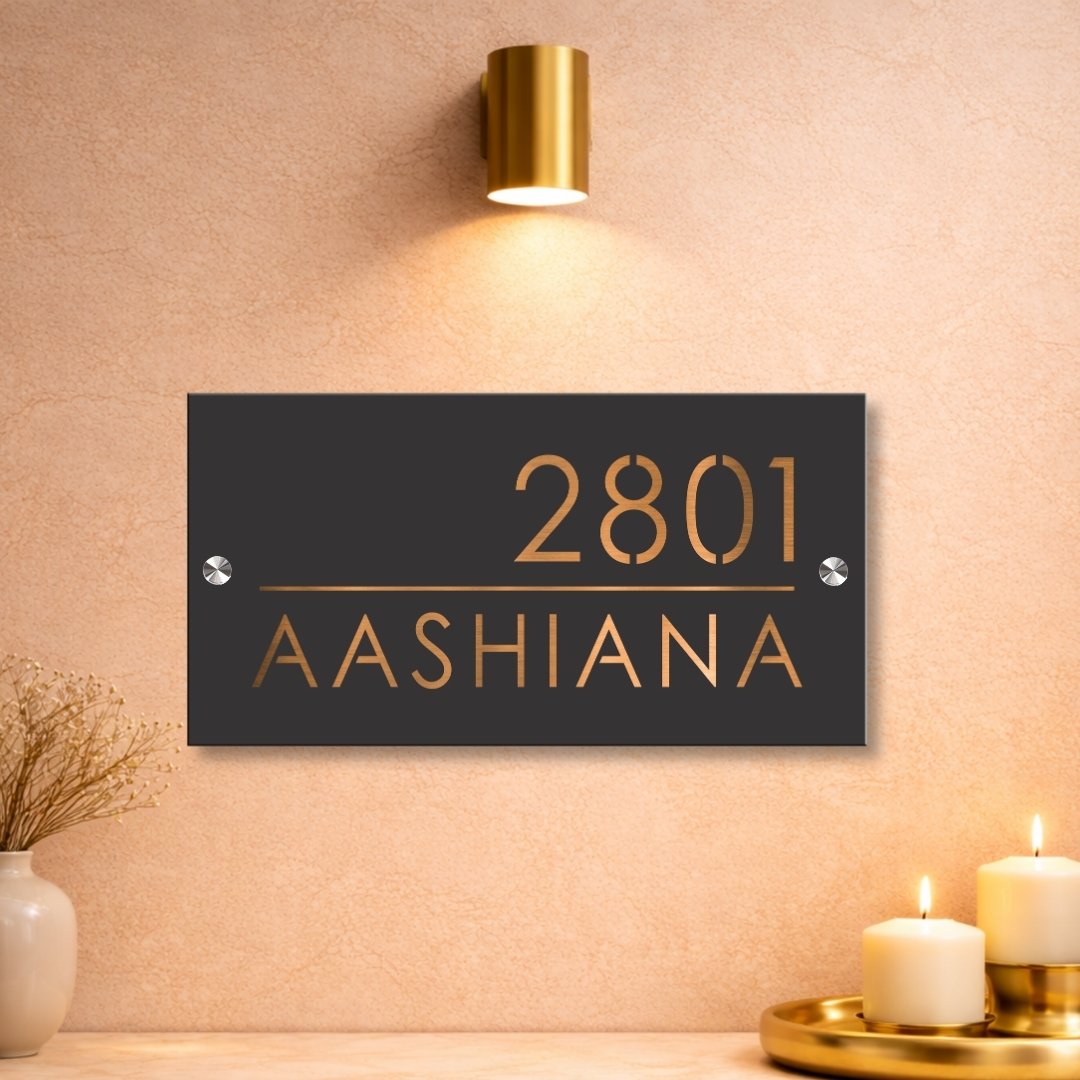 Grey Gunmetal Name Plate with Copper Finish - Home Name Plate Design