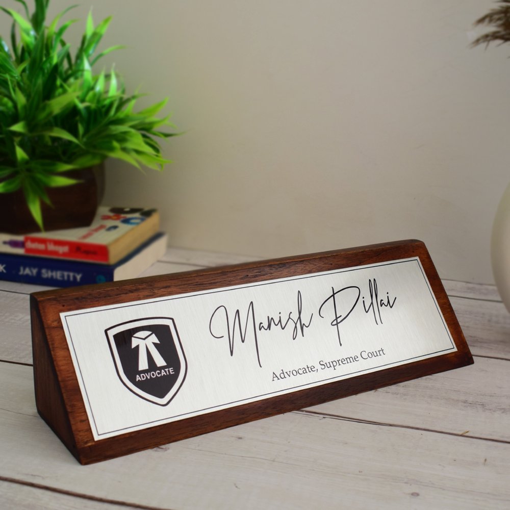 Aesthetic Teak Wood Desk Name Plate (Silver) - Corporate Office Nameplates