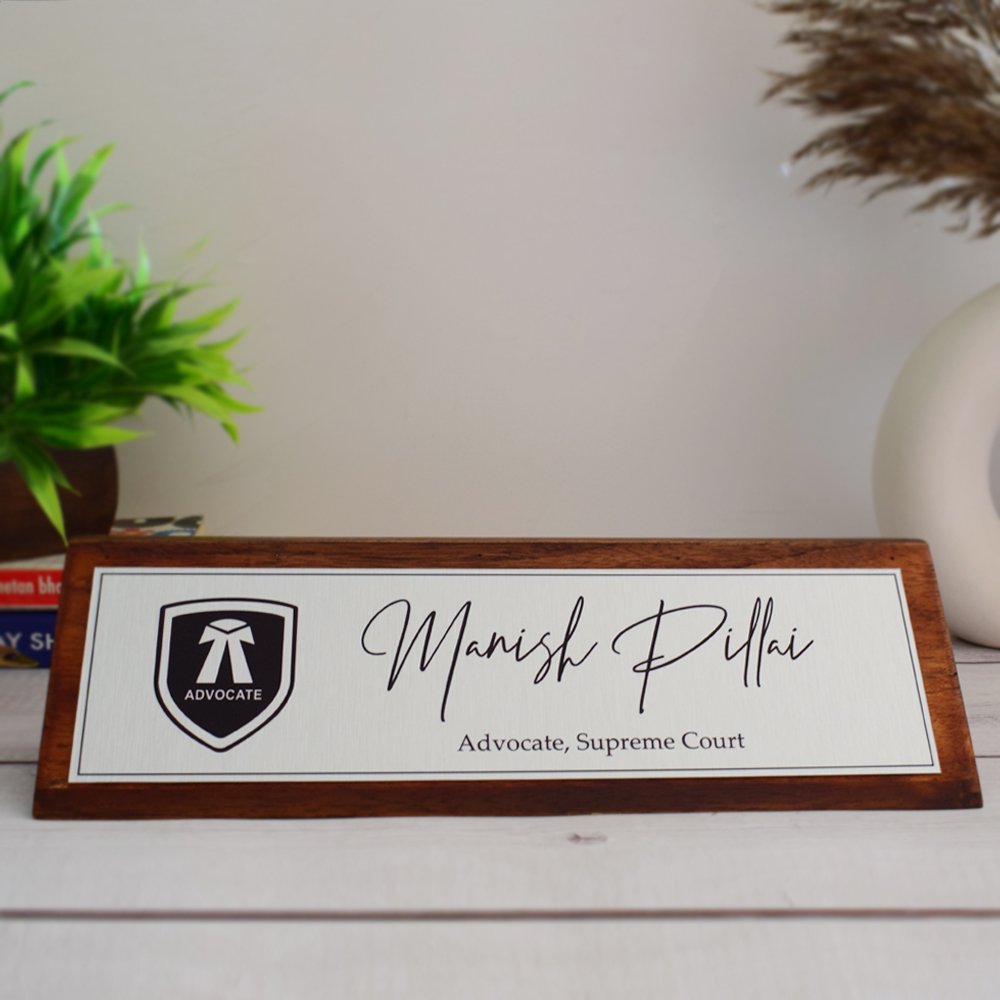 Aesthetic Teak Wood Desk Name Plate (Silver) - Corporate Office Nameplates