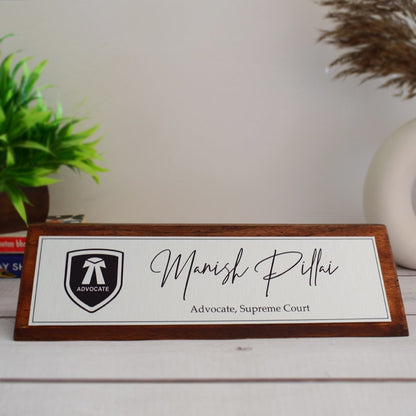 Aesthetic Teak Wood Desk Name Plate (Silver) - Corporate Office Nameplates