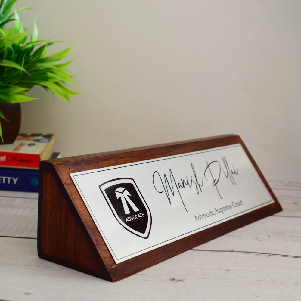 Aesthetic Teak Wood Desk Name Plate (Silver) - Corporate Office Nameplates