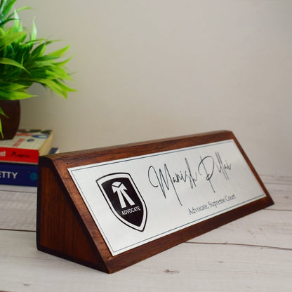 Aesthetic Teak Wood Desk Name Plate (Silver) - Corporate Office Nameplates