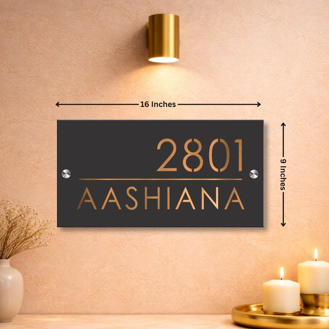 Grey Gunmetal Name Plate with Copper Finish - Home Name Plate Design