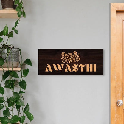 Mr & Mrs Dark Brown Wooden Engraved Name Plate - Customized Nameplates for Home Online