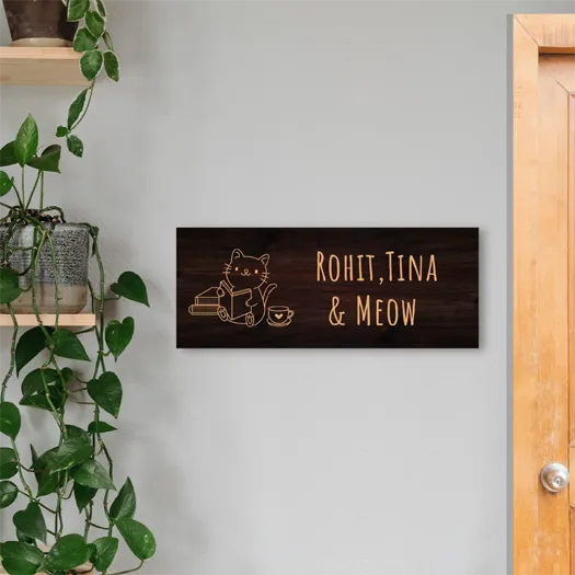 Kitty Dark Brown Wooden Engraved Name Plate - Customized Nameplates for Home Online