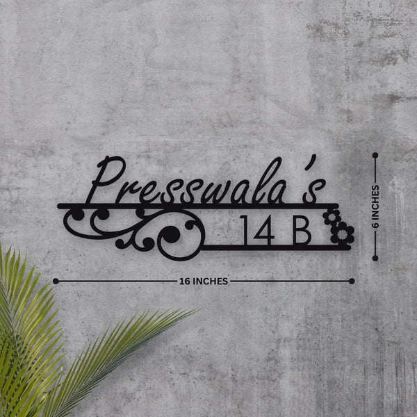 MS floral cutout metal name plate in matte black finish
