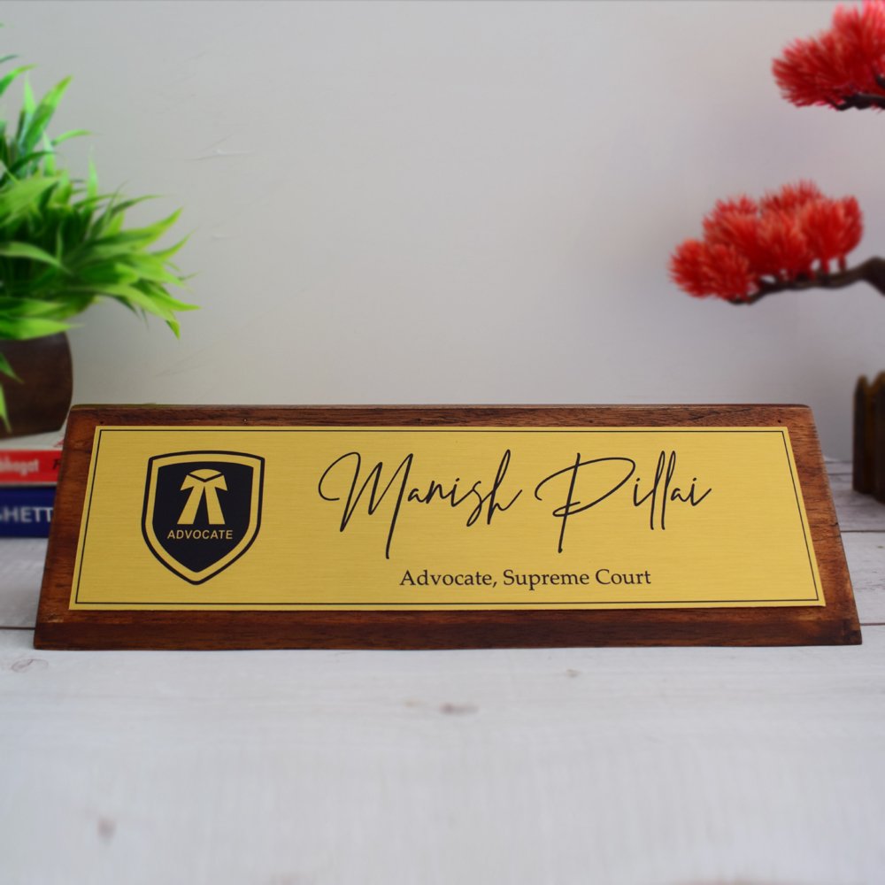 Aesthetic Teak Wood Desk Name Plate (Gold) - Corporate Office Nameplates