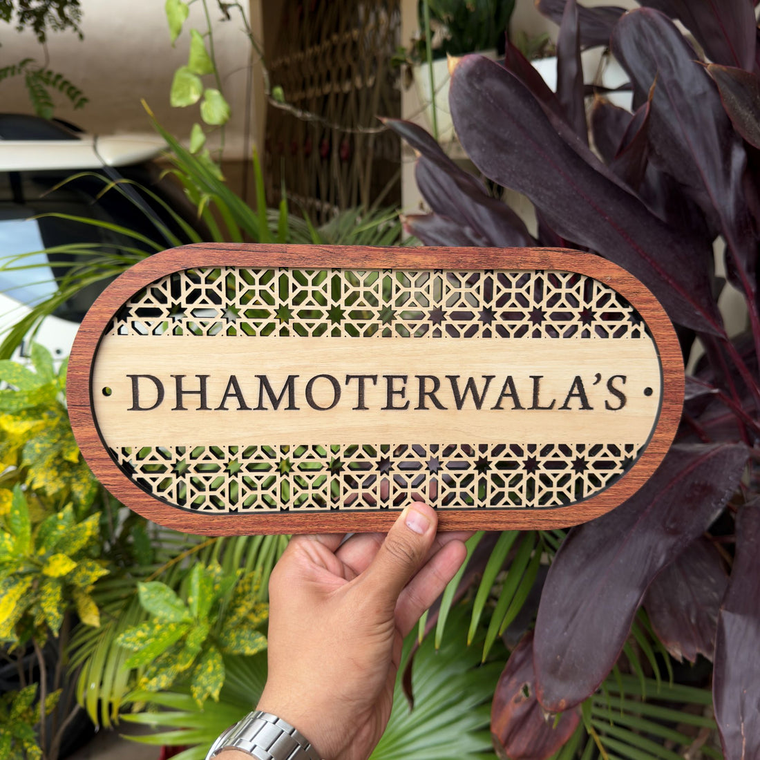 Traditional modern wooden nameplate with laser-cut geometric pattern