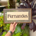 Noor wooden geometric design name plate with layered laser-cut letters
