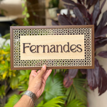 Noor wooden geometric design name plate with layered laser-cut letters