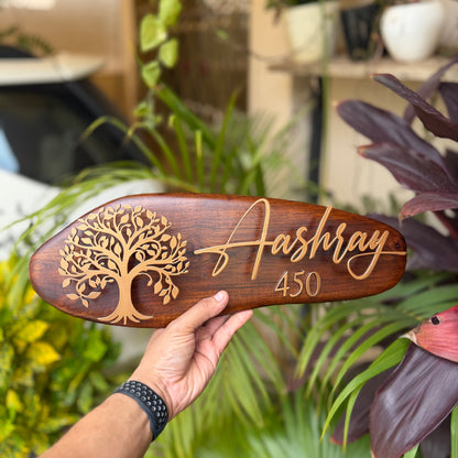 The Royal Teak Signature wooden name plate for home, full front view