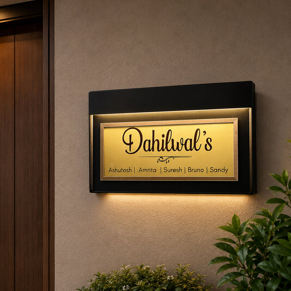 Rechargeable LED metal name plate for home entrance, matte finish with backlit lettering