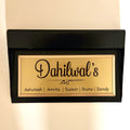Close-up of laser-cut letters on rechargeable LED metal name plate