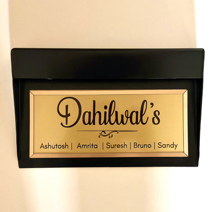 Close-up of laser-cut letters on rechargeable LED metal name plate