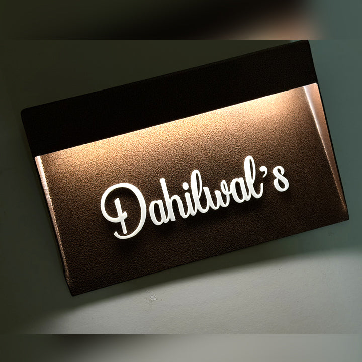 Rechargeable LED name plate lit up at night