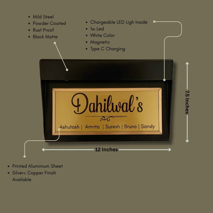 Rechargeable LED metal name plate for home, size and measurement details