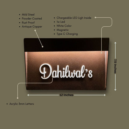 LED metal name plate for home shown with size dimensions