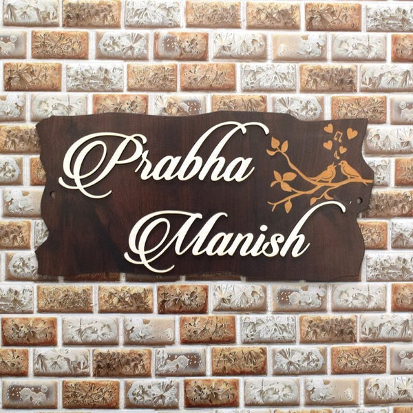 Love birds couple wooden name plate with laser-cut raised lettering
