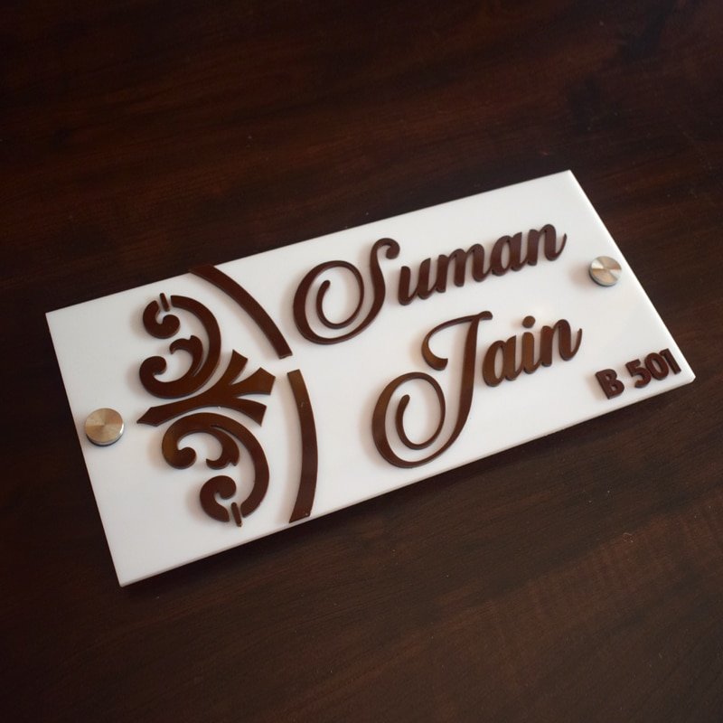 Floral Name Plate - White Acrylic - Home Name Plate Design
