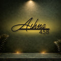 Stygian mild steel LED name plate for home, 4mm laser-cut metal with warm white glow