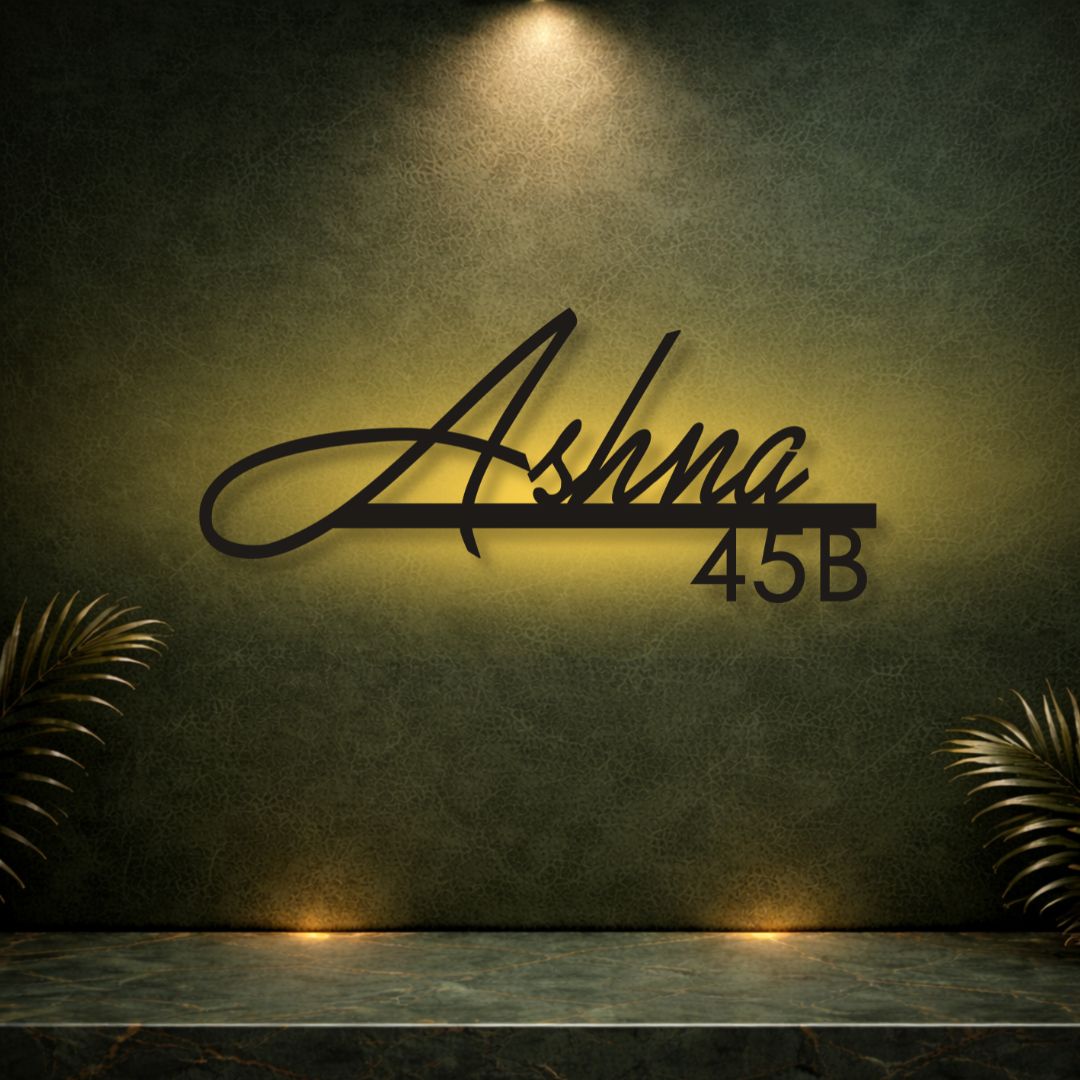 Stygian mild steel LED name plate for home, 4mm laser-cut metal with warm white glow
