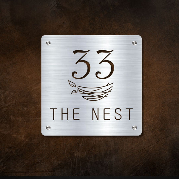 2mm SS 304 laser cutout stainless steel name plate, front view