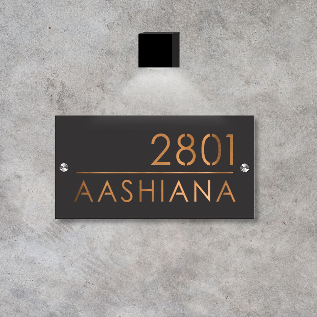 Grey Gunmetal Name Plate with Copper Finish - Home Name Plate Design