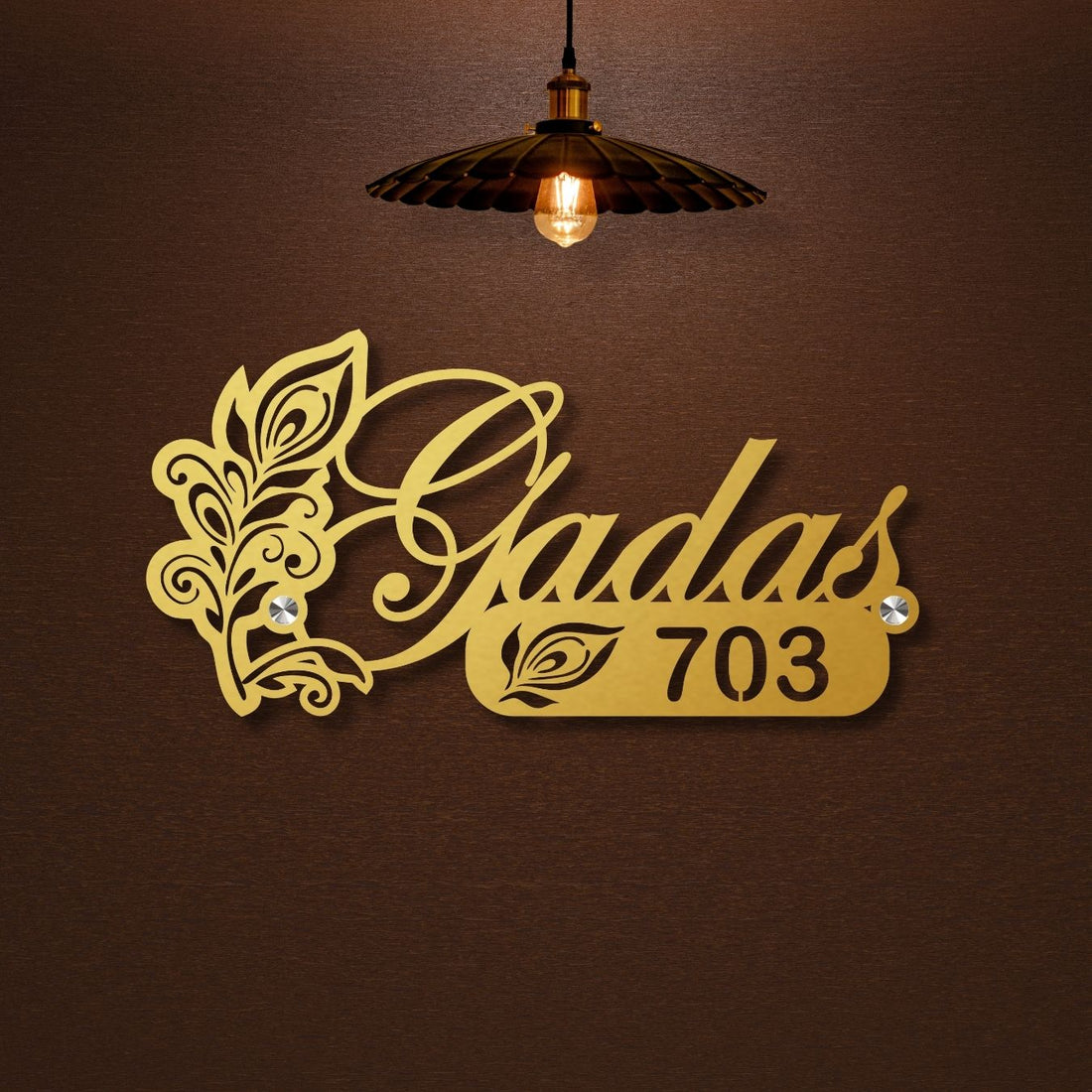 Morpankh gold metal name plate for home with laser-cut peacock feather motif