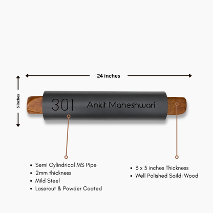 Modern cylindrical LED house nameplate with mild steel body and wood ends