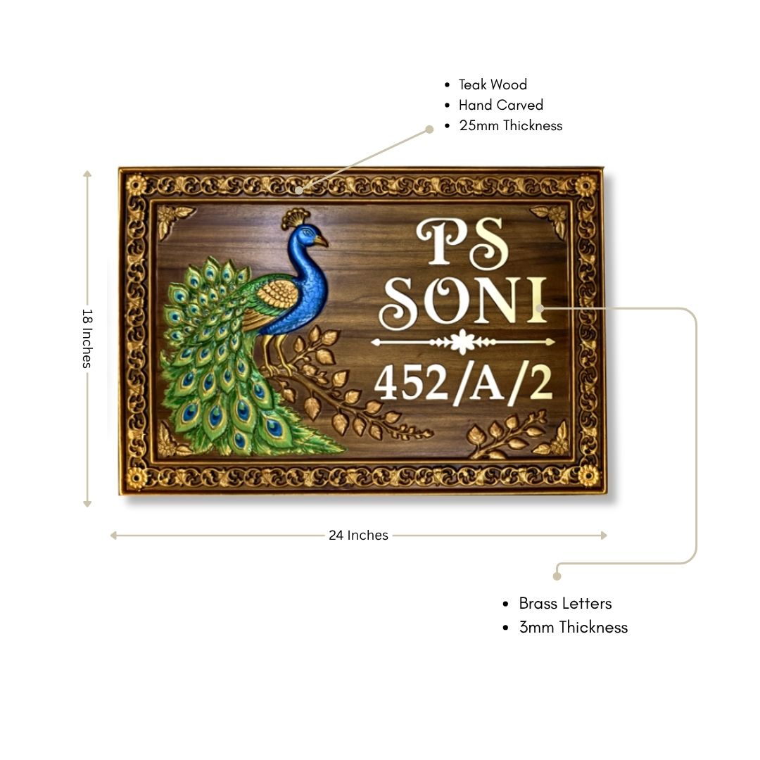 Traditional Teak Wood Handcarved Nameplate with Brass Letters